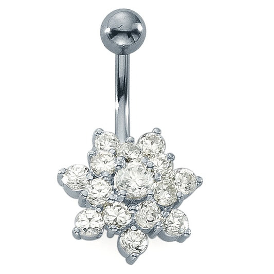 Navel piercing Stainless steel Zirconia White, 15 Stones Flower Ø15 mm