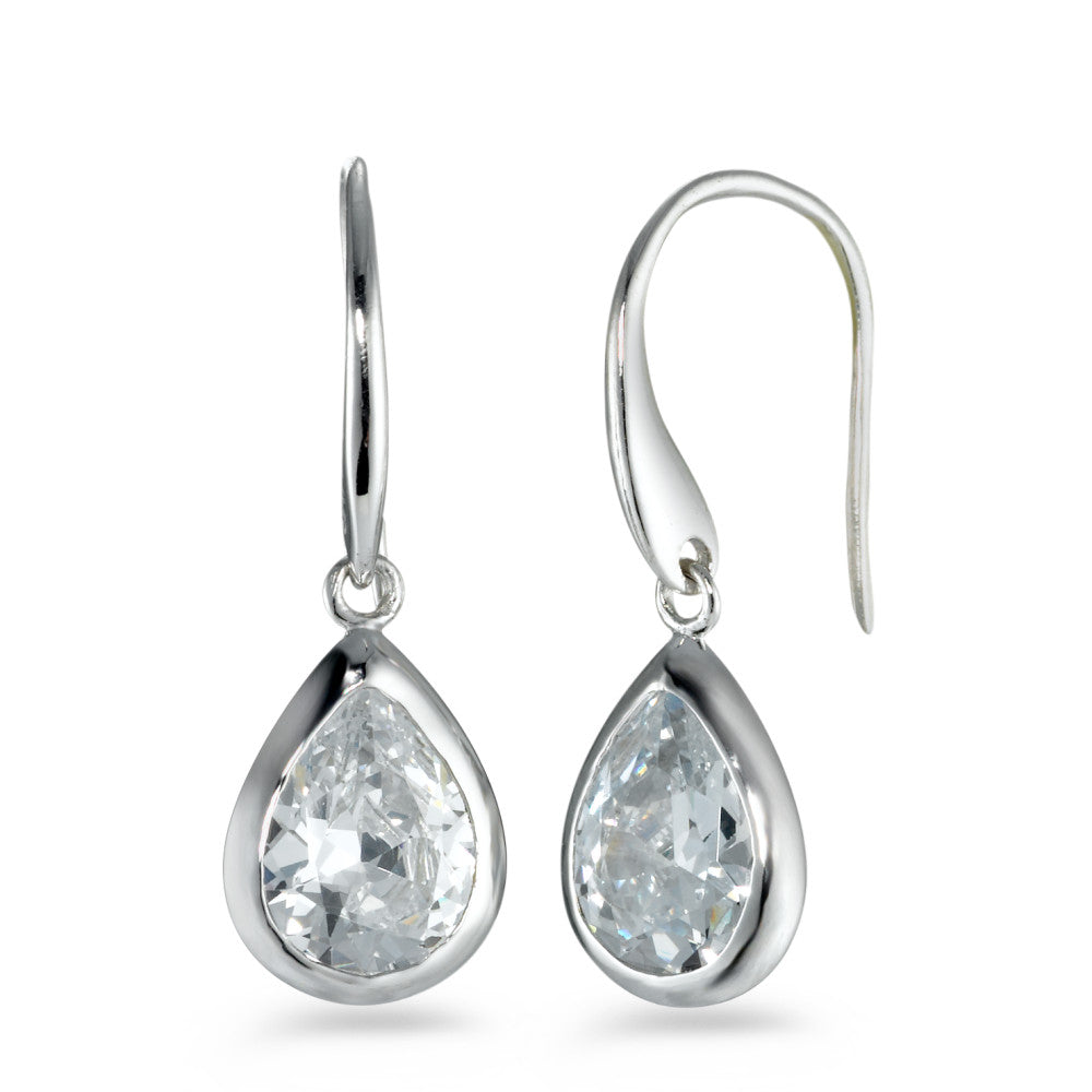 Drop Earrings Silver Zirconia White, 2 Stones Rhodium plated