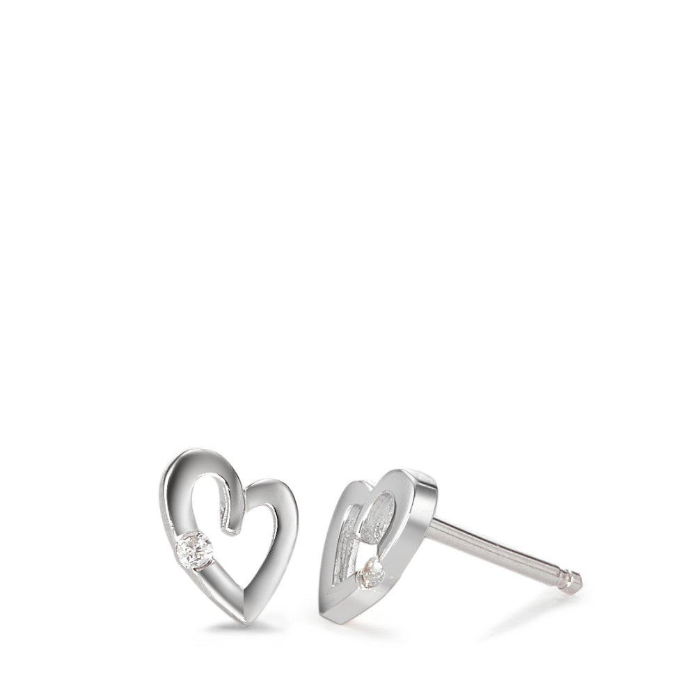 Stud earrings Silver Zirconia White, 2 Stones Rhodium plated Heart