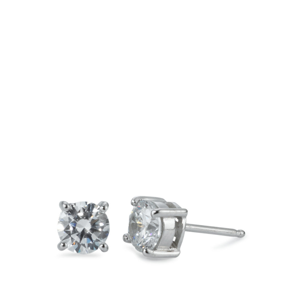 Stud earrings Silver Zirconia White, 2 Stones, round, 6 mm Rhodium plated