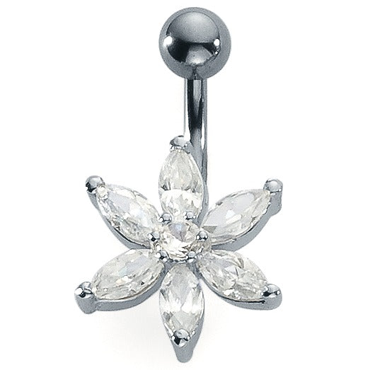 Navel piercing Stainless steel Zirconia White, 7 Stones Flower Ø16 mm