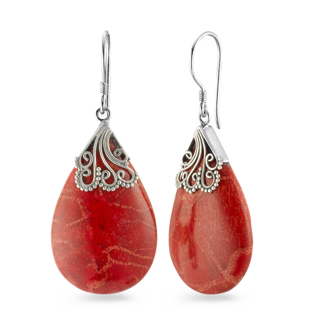 Drop Earrings Silver Coral