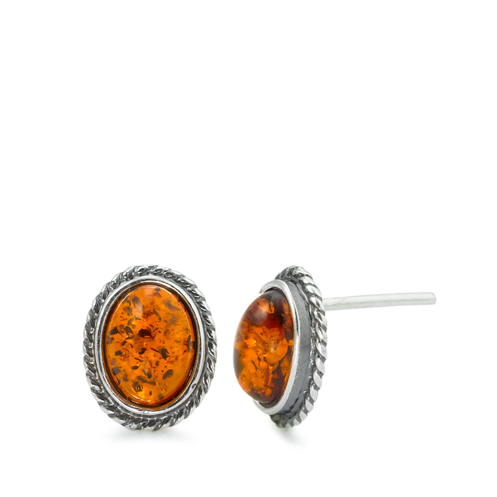 Stud earrings Silver Amber 2 Stones Patinated