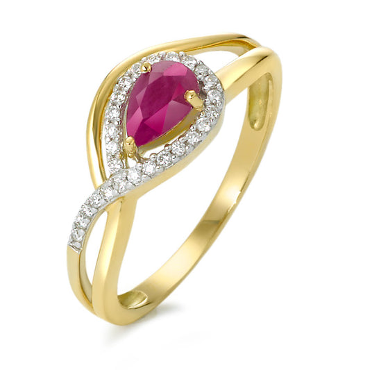 Ring 18k Yellow Gold Ruby Red, drops, Diamond 0.10 ct, w-si