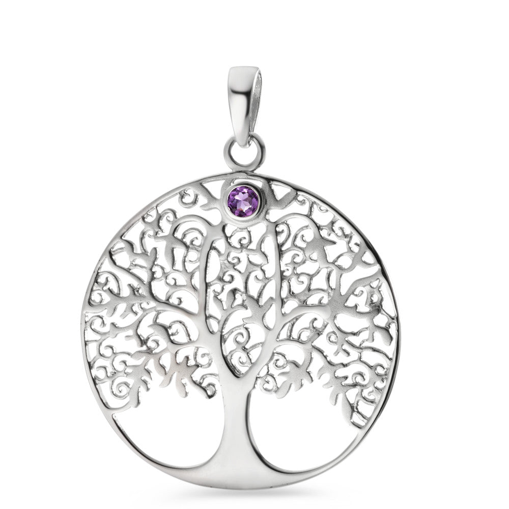 Pendant Silver Amethyst Violet Rhodium plated Tree Of Life Ø30 mm