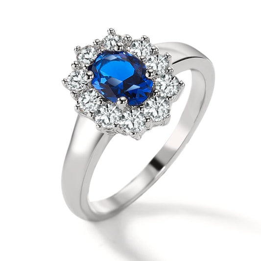 Ring Silver Zirconia Blue, oval, Zirconia White, 10 Stones Rhodium plated