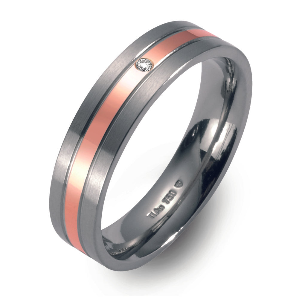 Wedding Ring Titanium, 18k Red Gold Diamond 0.02 ct, w-si