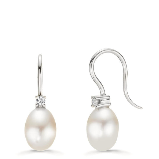 Drop Earrings 18k White Gold Zirconia 2 Stones Freshwater pearl