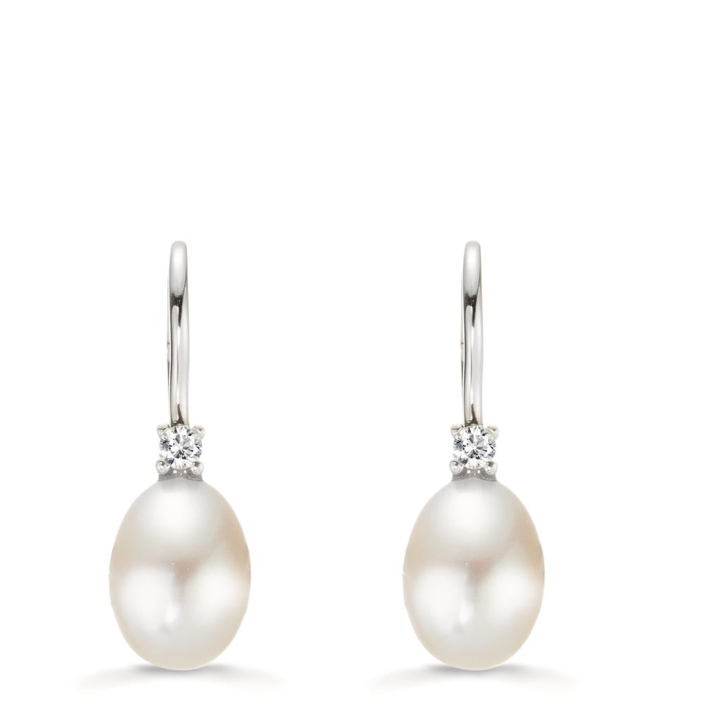 Drop Earrings 18k White Gold Zirconia 2 Stones Freshwater pearl