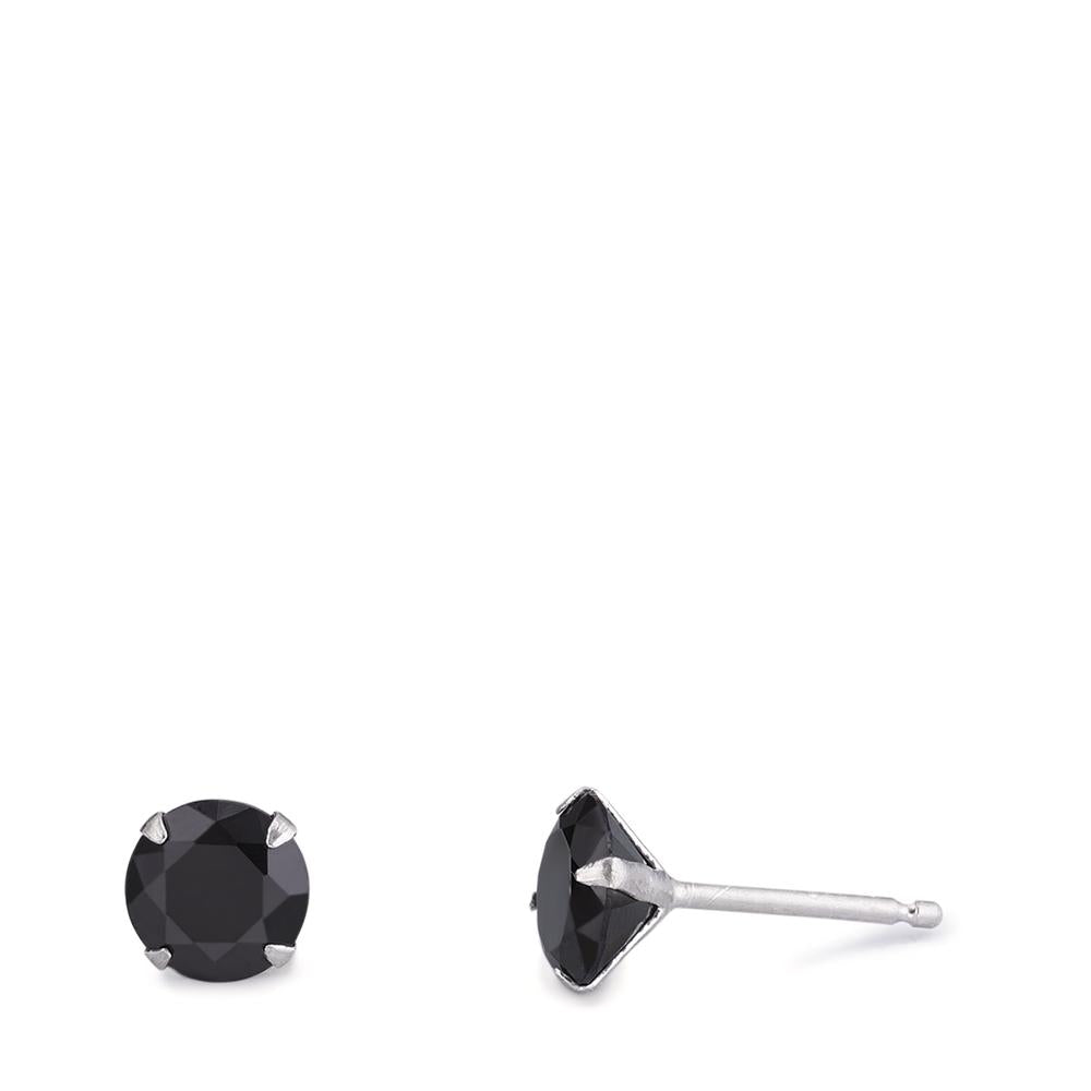 Stud earrings Silver Zirconia Black, 2 Stones, round, 7 mm Rhodium plated