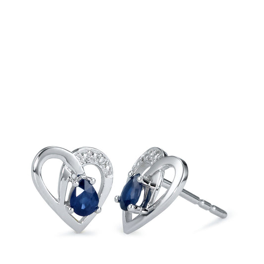 Stud earrings 9k White Gold Sapphire 4 Stones, w-si, Diamond 0.01 ct, 2 Stones, w-si Heart