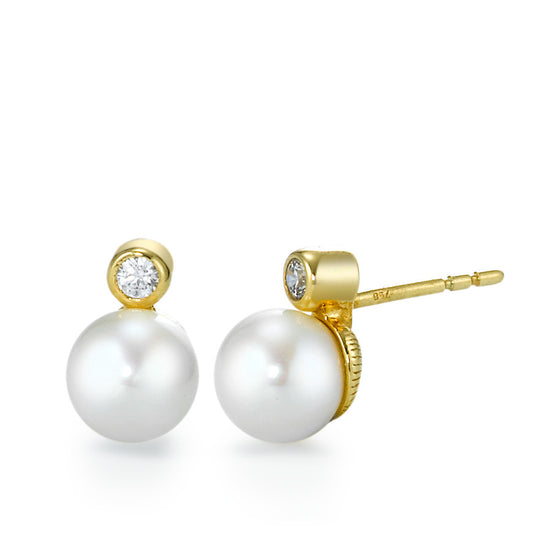 Stud earrings 18k Yellow Gold Zirconia 2 Stones Freshwater pearl