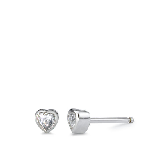 Stud earrings Silver Zirconia White, 2 Stones Rhodium plated Heart