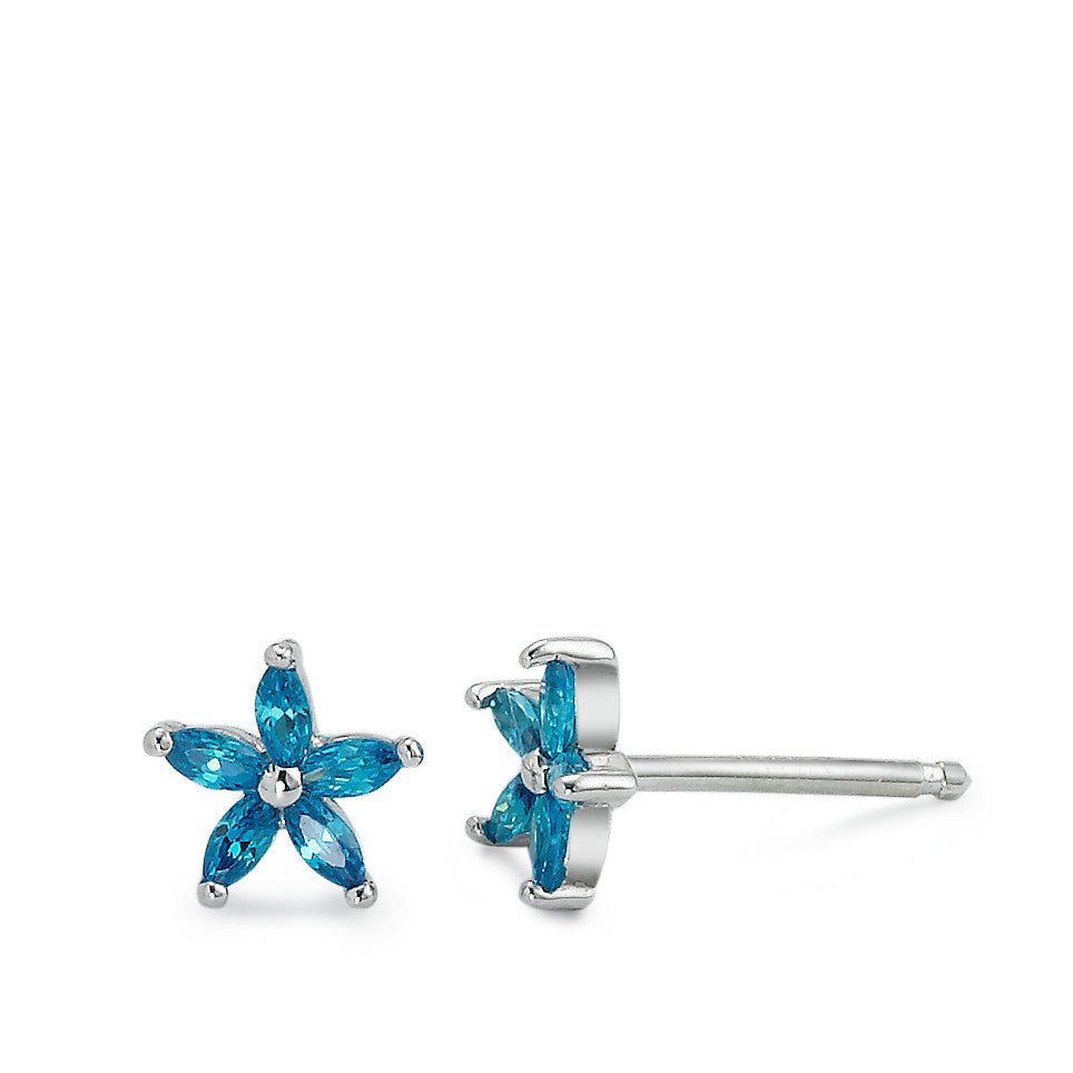 Stud earrings Silver Zirconia Blue, 10 Stones, navette Rhodium plated Ø7 mm