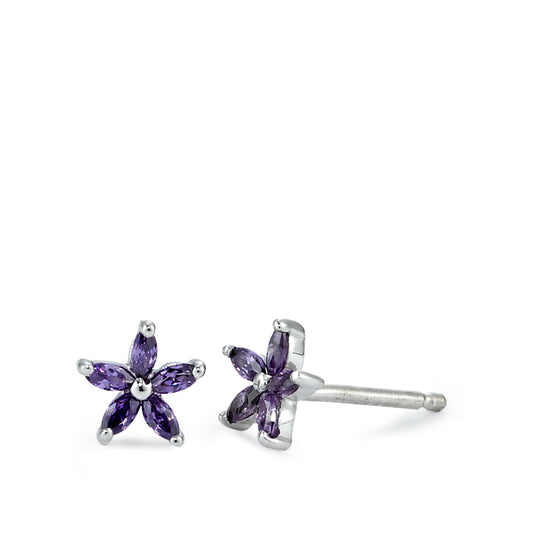 Stud earrings Silver Zirconia Violet, 10 Stones, navette Rhodium plated Ø7 mm