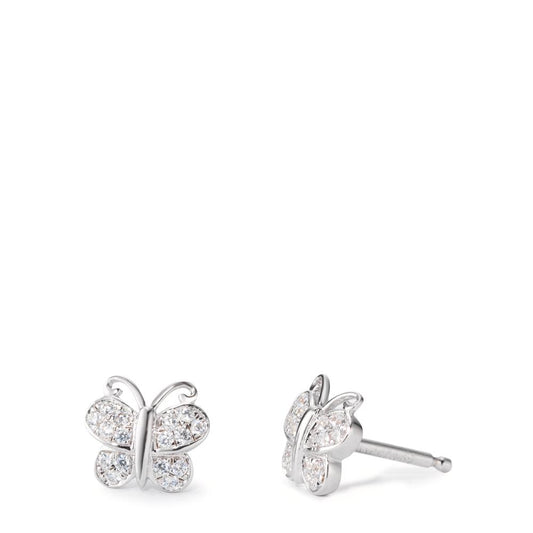 Stud earrings Silver Zirconia 32 Stones, round Rhodium plated Butterfly