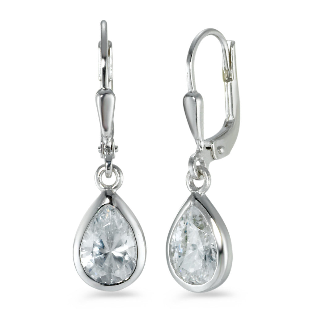 Drop Earrings Silver Zirconia White, 2 Stones Rhodium plated