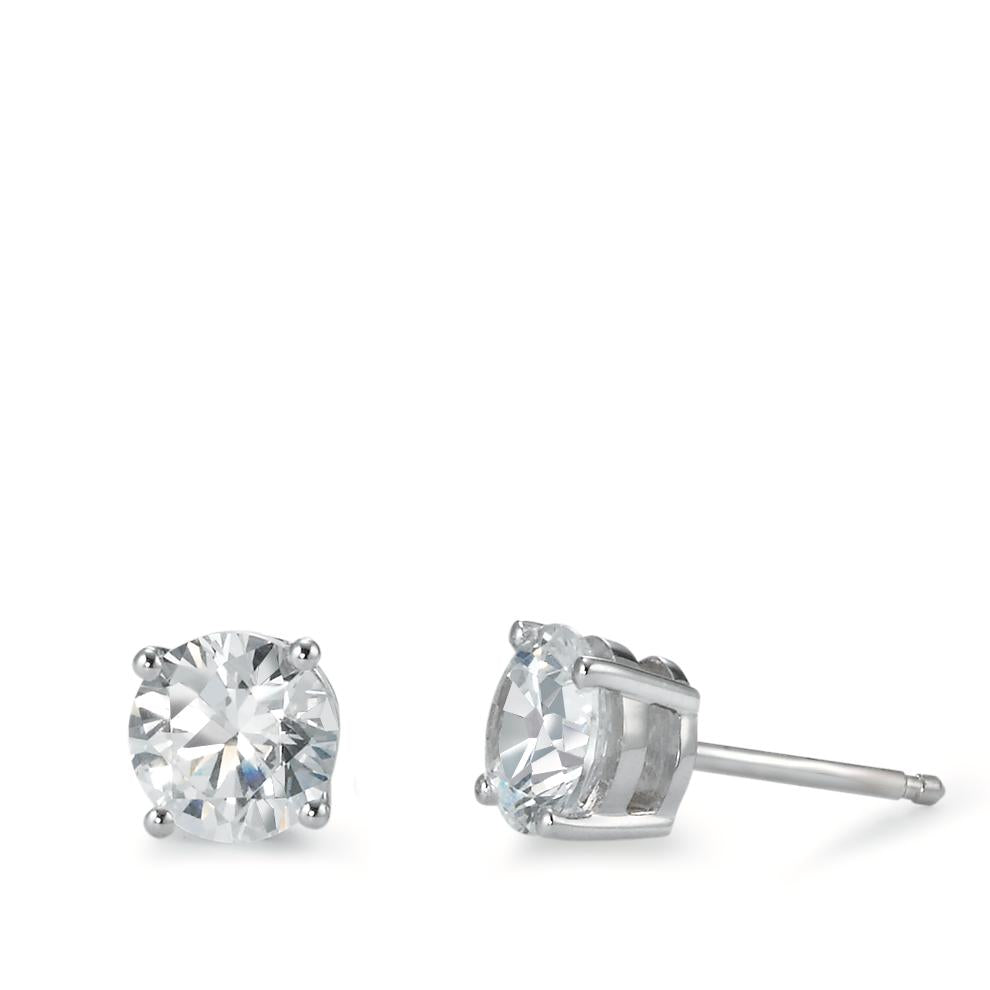 Stud earrings Silver Zirconia White, 2 Stones, round Rhodium plated Ø6.5 mm