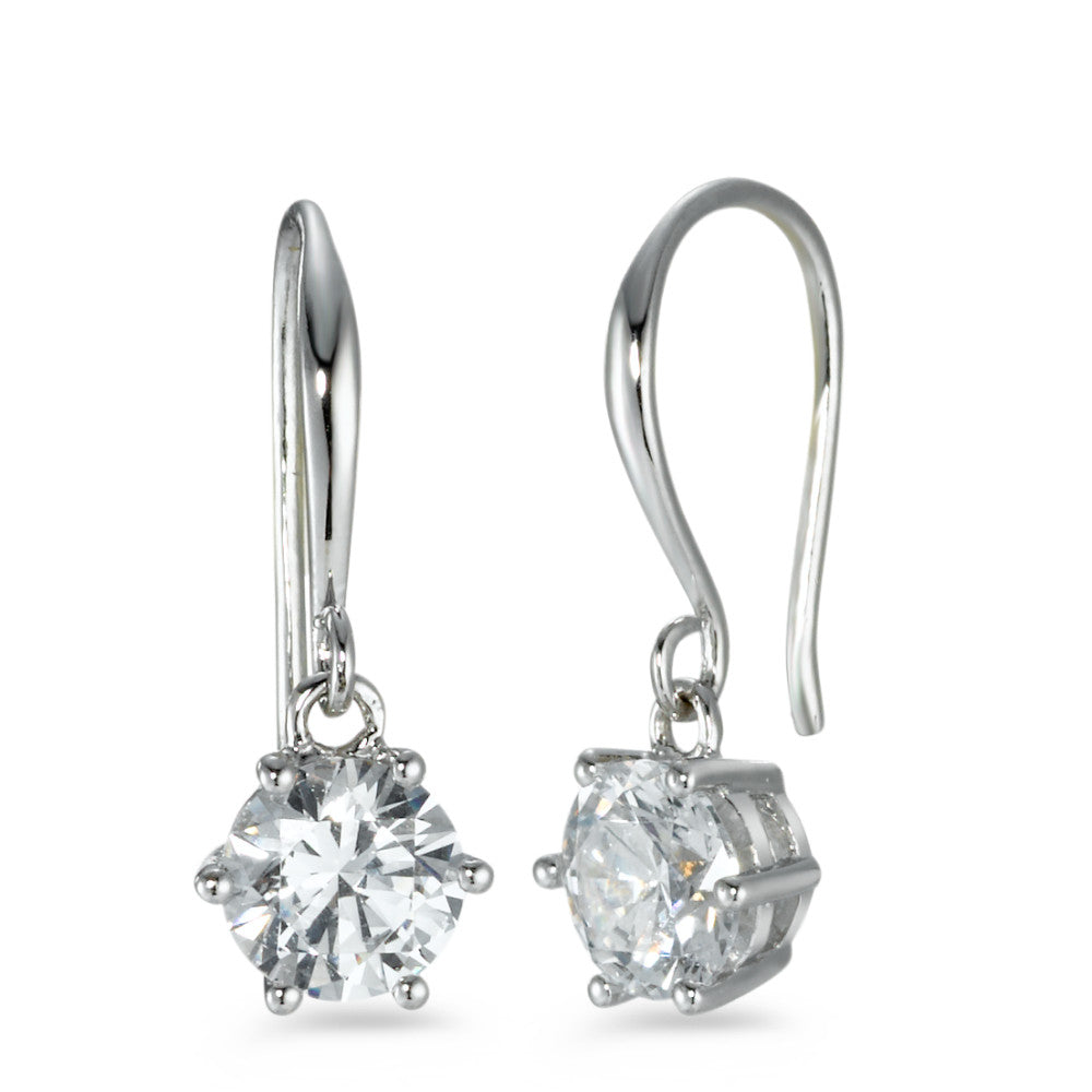 Drop Earrings Silver Zirconia White, 2 Stones, round Rhodium plated Ø7 mm