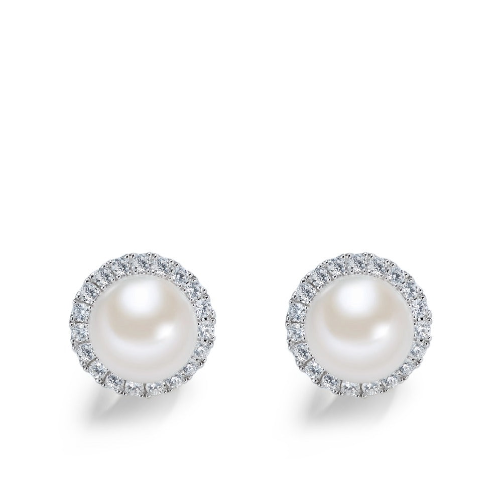 Stud earrings Silver Zirconia White Rhodium plated Freshwater pearl Ø10 mm