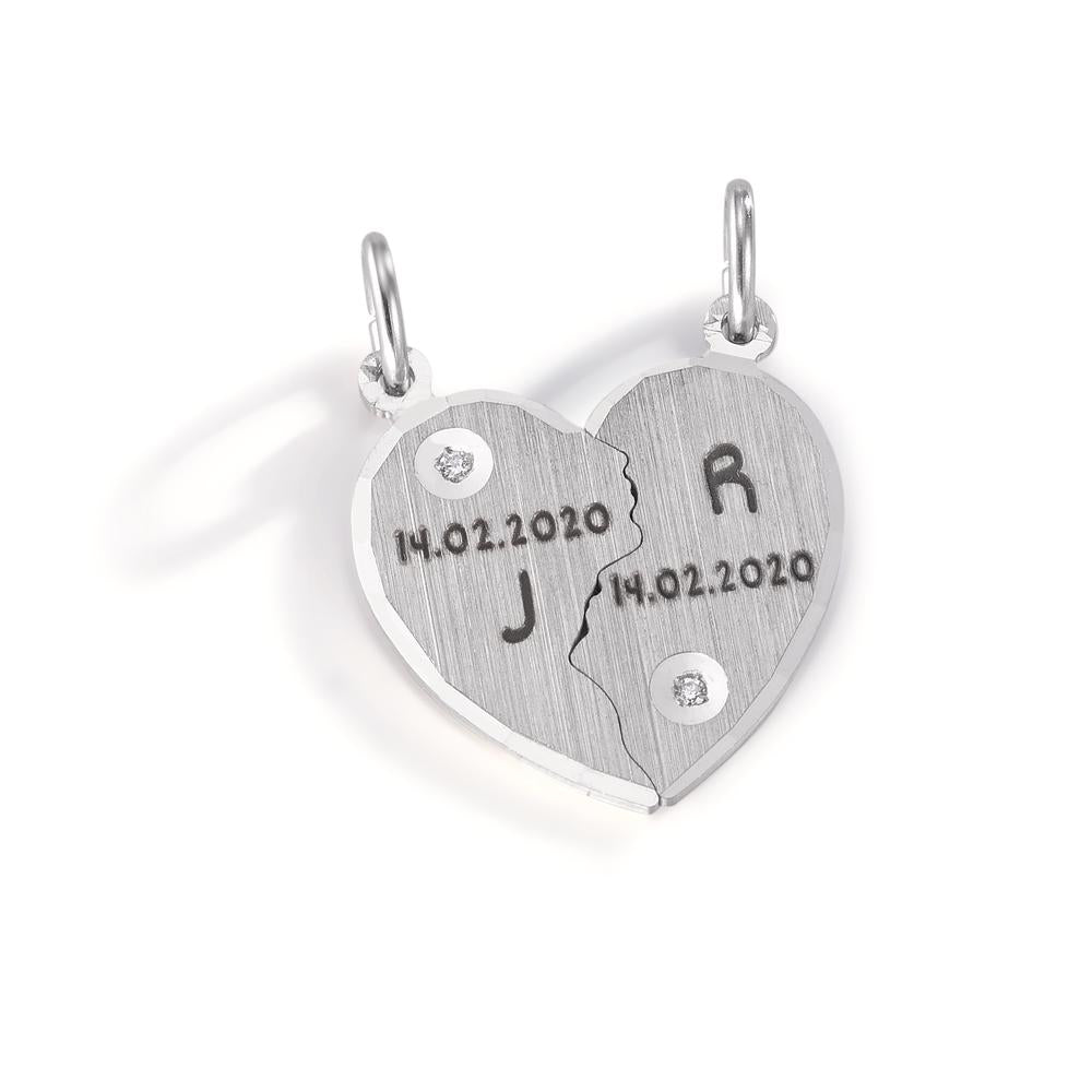 Engravable pendant Silver Zirconia White, 2 Stones Rhodium plated Heart