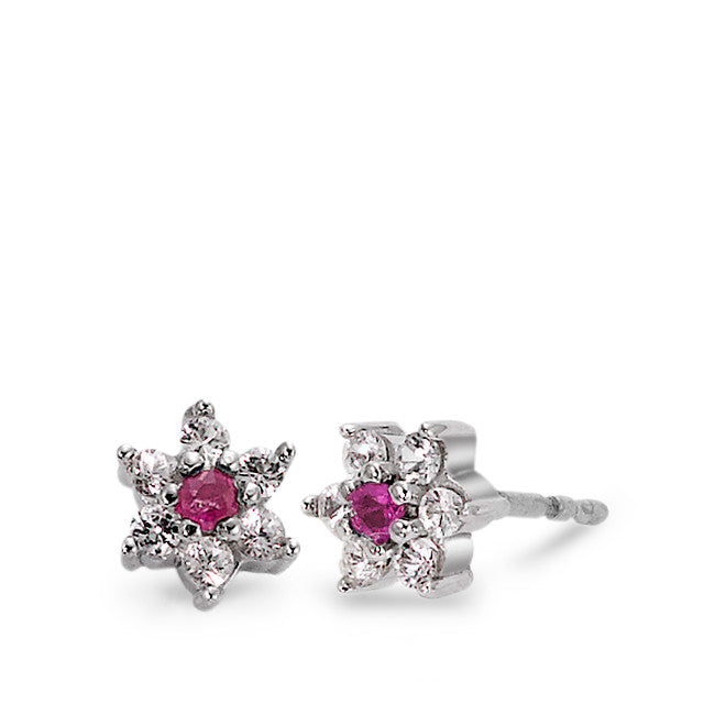 Stud earrings 18k White Gold Ruby Red, 14 Stones Flower Ø6 mm