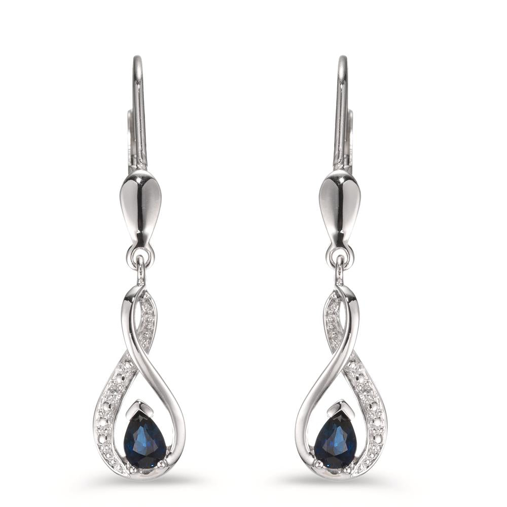 Drop Earrings 18k White Gold Sapphire Blue, drops, Diamond 0.01 ct, 2 Stones