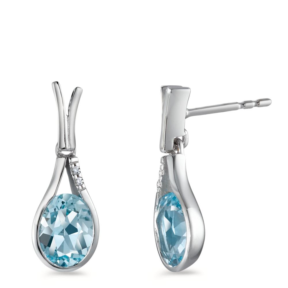 Drop Earrings 18k White Gold Topaz Blue, 2 Stones, oval, Diamond White, 0.016 ct, 2 Stones, brilliant, w-si