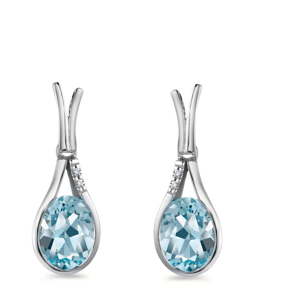 Drop Earrings 18k White Gold Topaz Blue, 2 Stones, oval, Diamond White, 0.016 ct, 2 Stones, brilliant, w-si