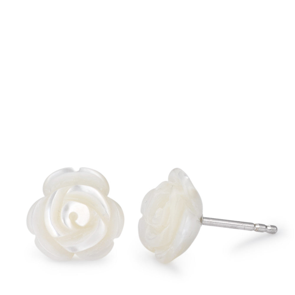 Stud earrings Silver Rhodium plated Mother of pearl Rose Ø11 mm