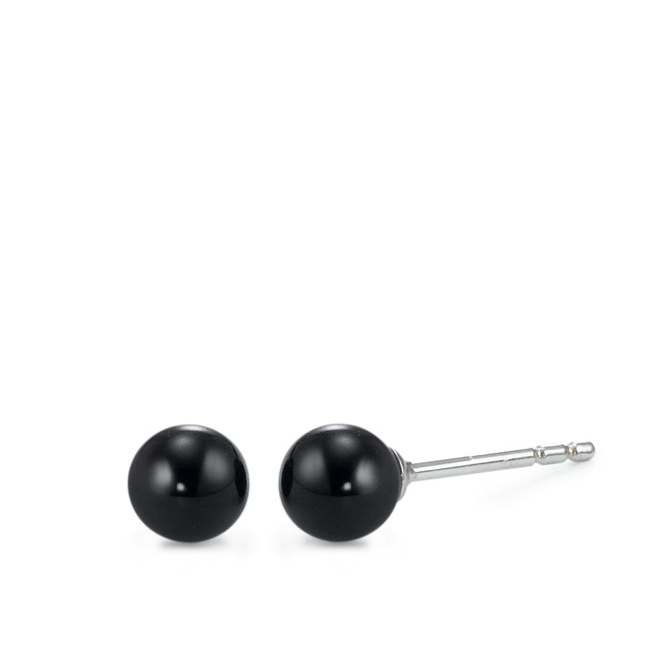 Stud earrings Silver Onyx Black, 2 Stones Rhodium plated Ø5 mm