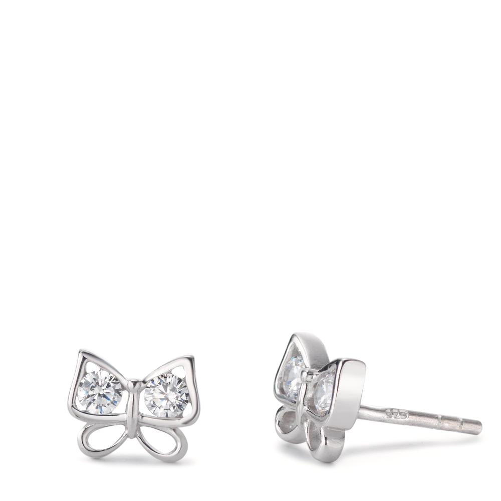 Stud earrings Silver Zirconia White, 4 Stones Rhodium plated Butterfly