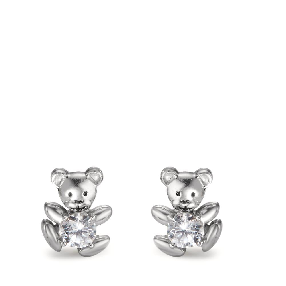 Stud earrings Silver Zirconia White, 2 Stones Rhodium plated Teddy Bear