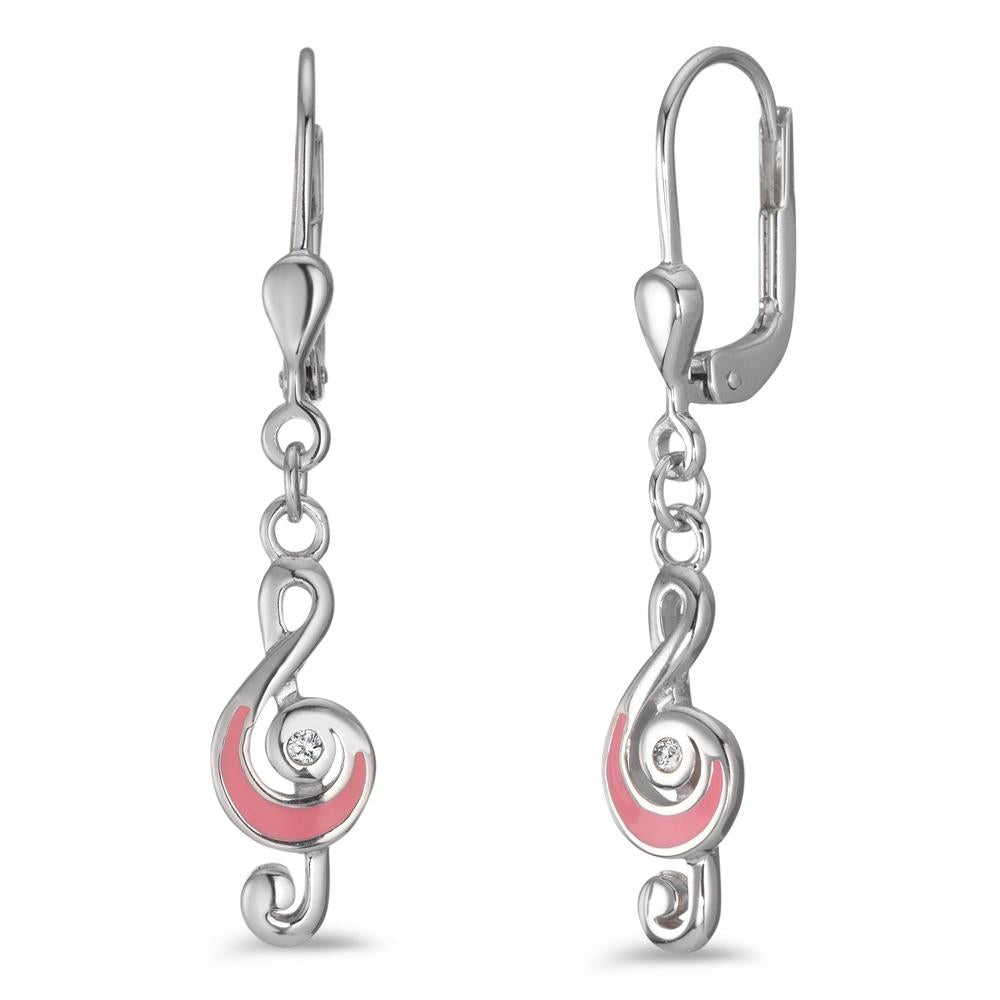 Drop Earrings Silver, Enamel Zirconia White, 2 Stones Rhodium plated Treble Clef