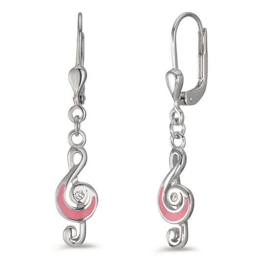 Drop Earrings Silver, Enamel Zirconia White, 2 Stones Rhodium plated Treble Clef