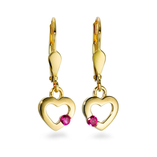 Drop Earrings 9k Yellow Gold Zirconia Red, 2 Stones Heart