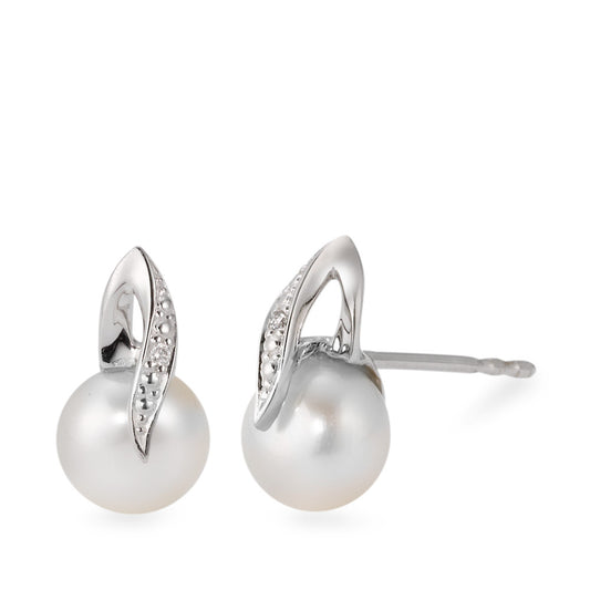 Stud earrings 18k White Gold Diamond White, 0.01 ct, 2 Stones, brilliant, w-si Freshwater pearl