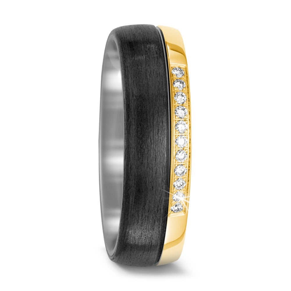 Wedding Ring Titanium, Carbon, 18k Yellow Gold Diamond 0.11 ct, 11 Stones, w-si