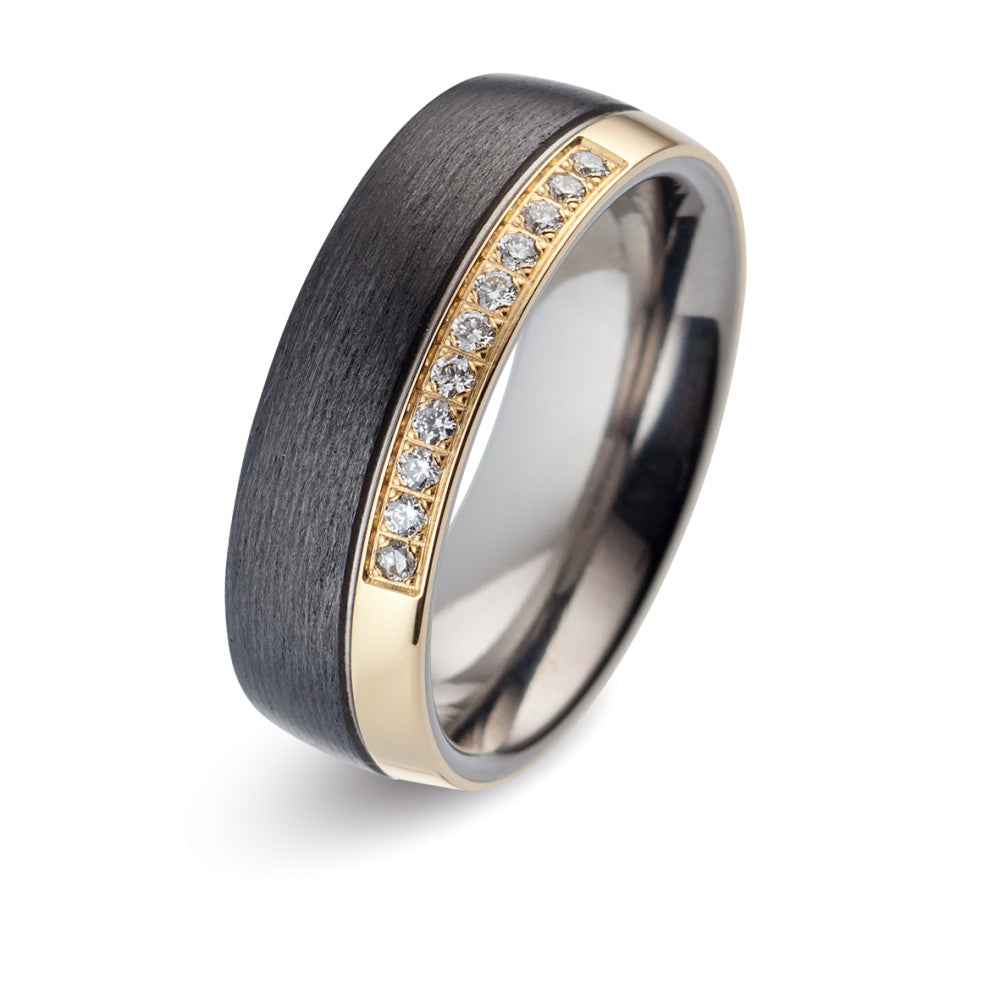 Wedding Ring Titanium, Carbon, 18k Yellow Gold Diamond 0.11 ct, 11 Stones, w-si