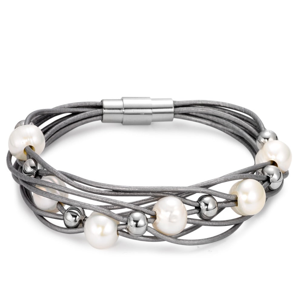 Bracelet Stainless steel, Leather Freshwater pearl 19 cm