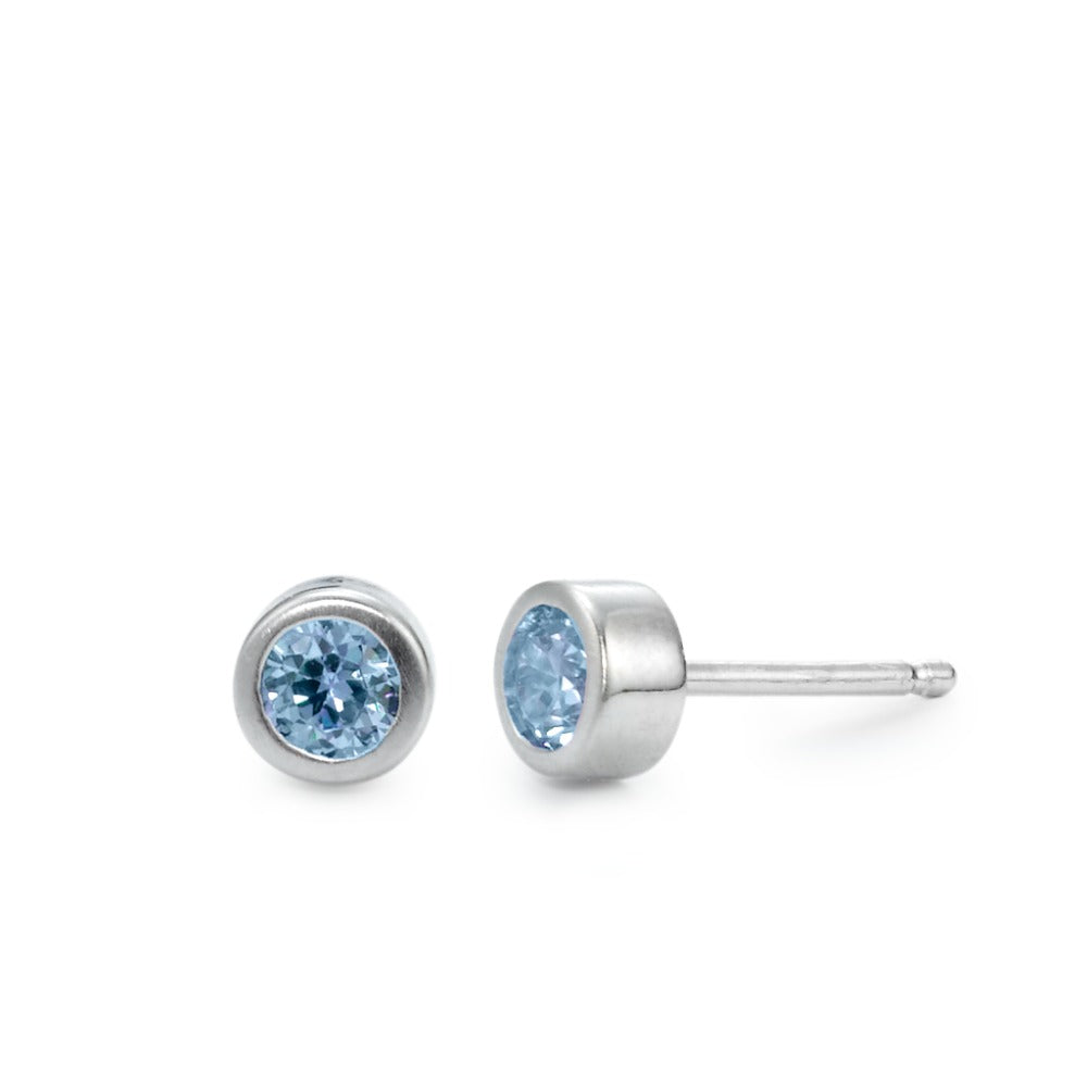 Stud earrings Silver Synthetic Aquamarine Blue, 2 Stones Rhodium plated Ø5 mm