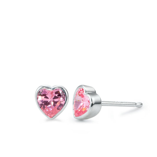 Stud earrings Silver Zirconia Rose, 2 Stones Heart Ø6 mm