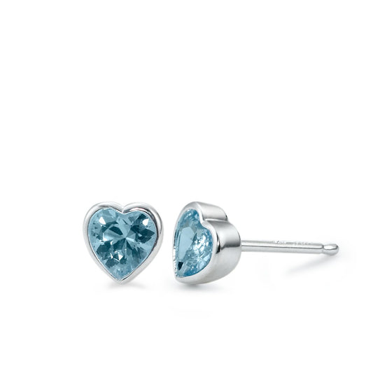 Stud earrings Silver Synthetic Aquamarine Blue, 2 Stones Heart Ø6 mm