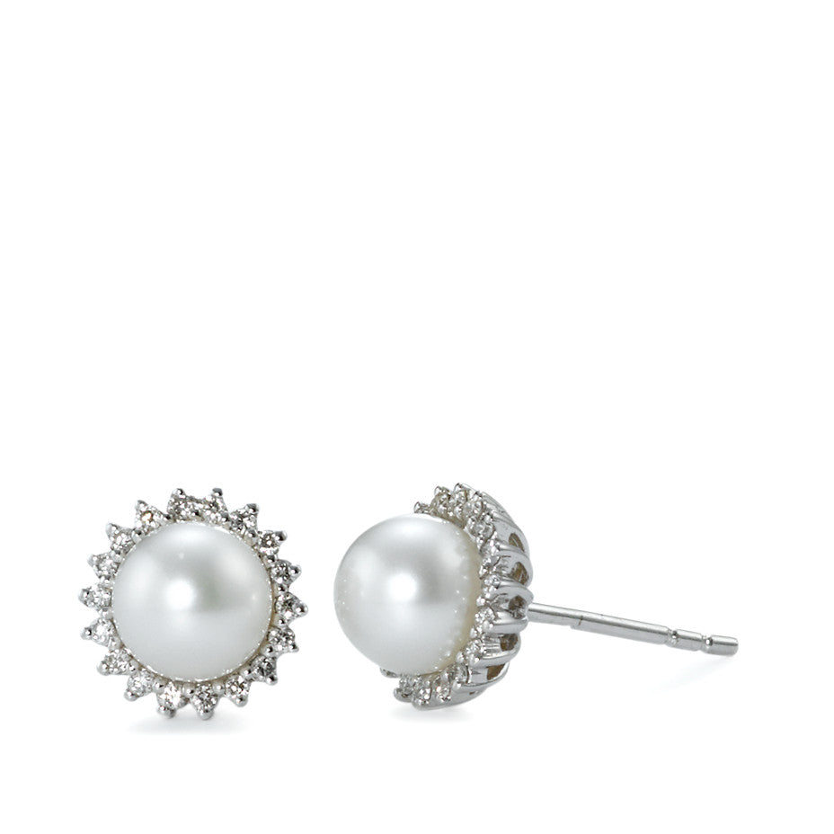 Stud earrings 18k White Gold Diamond 0.17 ct, 36 Stones, w-si Freshwater pearl Ø8.5 mm