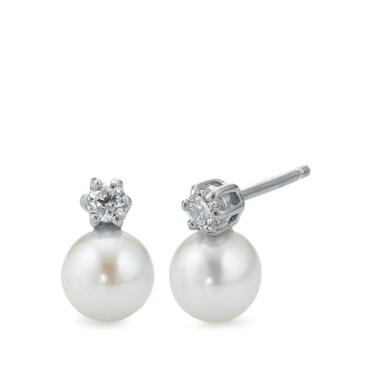 Stud earrings Silver Zirconia 2 Stones Rhodium plated Freshwater pearl