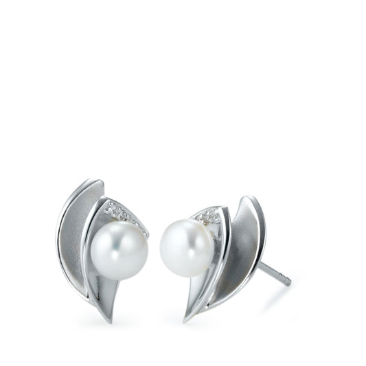 Stud earrings Silver Zirconia 8 Stones Rhodium plated Freshwater pearl