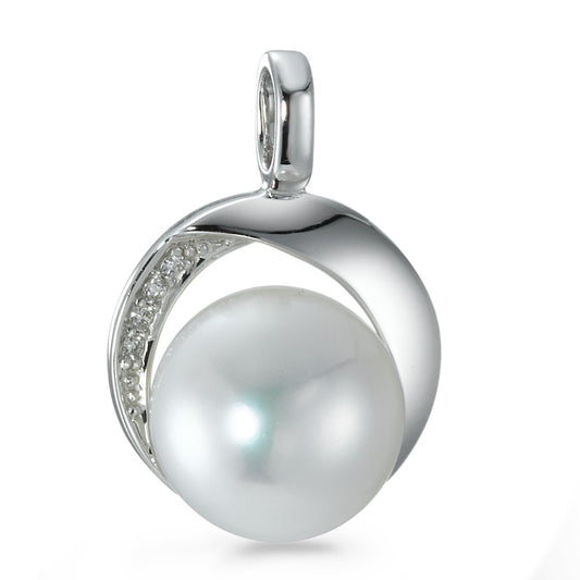 Pendant 18k White Gold Diamond 0.02 ct, 4 Stones, brilliant, w-si Freshwater pearl Ø13 mm