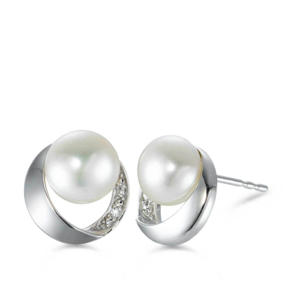 Stud earrings 18k White Gold Diamond 0.02 ct, 4 Stones, brilliant, w-si Freshwater pearl Ø10 mm