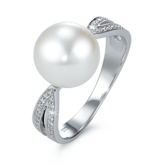 Ring 18k White Gold Diamond 0.09 ct, 30 Stones, brilliant, w-si Freshwater pearl