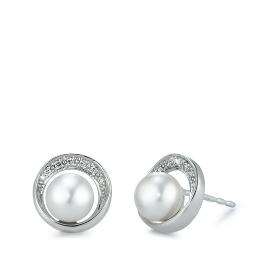 Stud earrings 18k White Gold Diamond 0.06 ct, 12 Stones, brilliant, w-si Freshwater pearl Ø10 mm